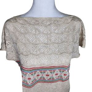 Vintage 1980s Filigree Boat Neck Cap Sleeve Sweater Womens Size L Ivory Cream